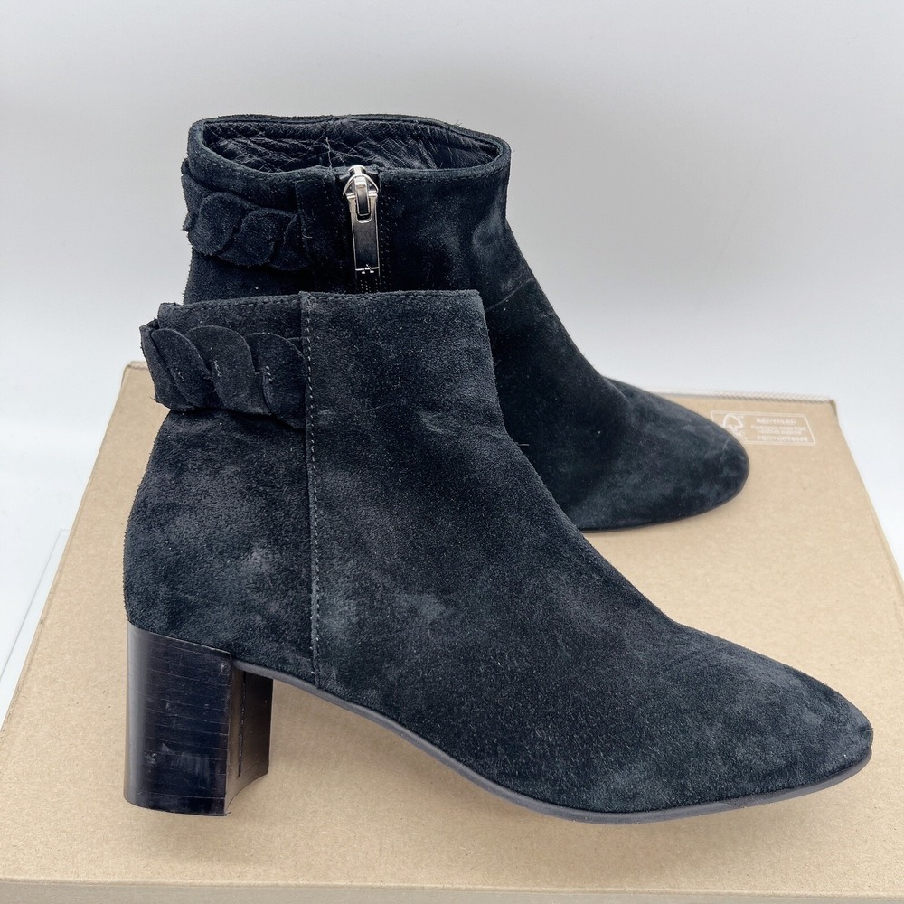 Aquatalia Braid Ankle Boots Bootie Black Suede Short Block Heel Side Zip US 6